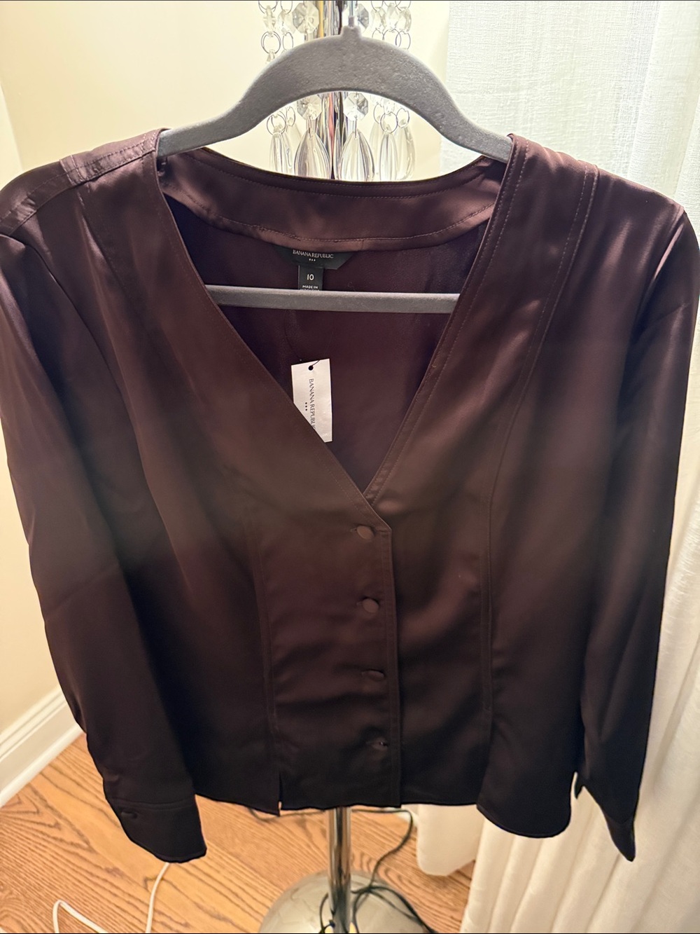Banana Republic Dark Brown Satin V-Neck Button Front Blouse